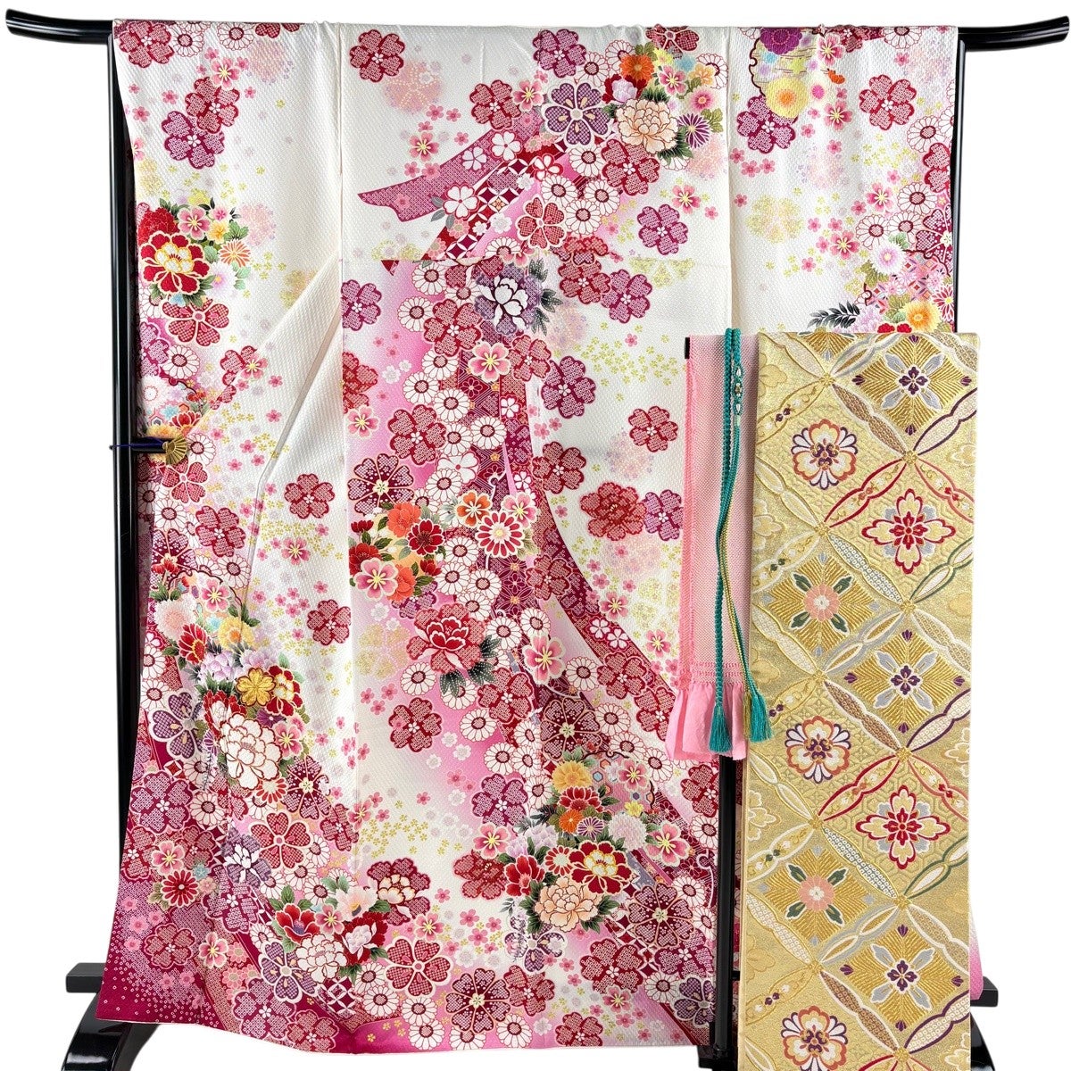 美品】 振袖 身丈161cm 裄丈69cm L 袷 袋帯フルセット 鈴乃屋 桜 熨斗