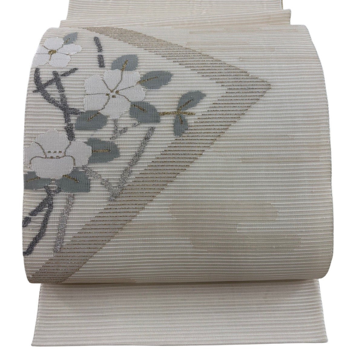 袋帯 秀品 夏帯 絽 枝花 ヱ霞 金銀糸 クリーム お太鼓柄 正絹｜中古
