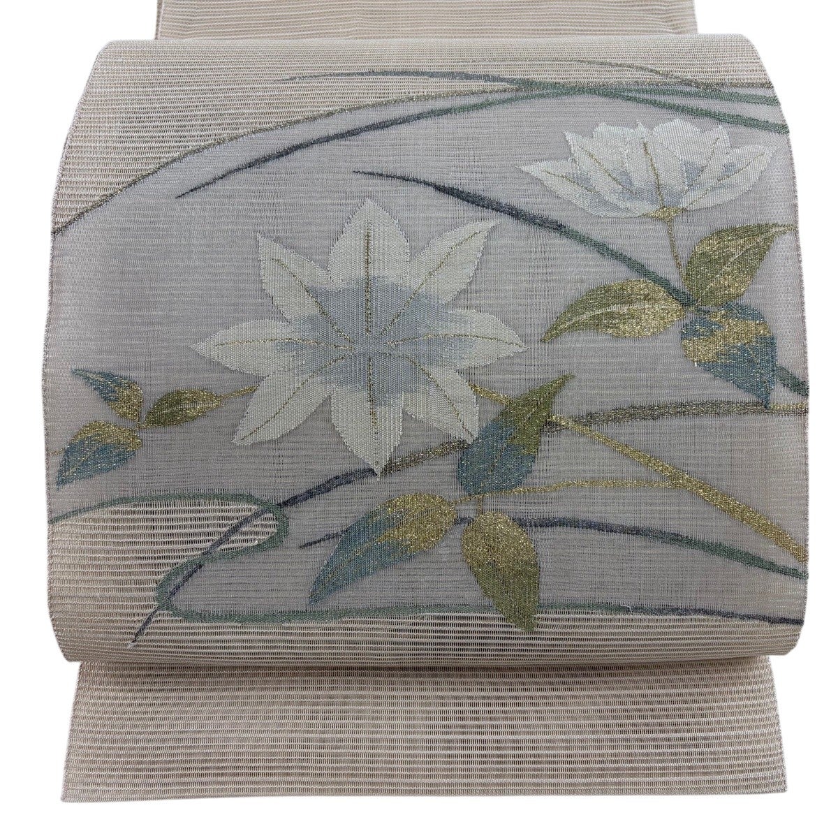 名古屋帯 秀品 夏帯 絽 松葉仕立て 八寸名古屋帯 草花 ススキ 金銀糸