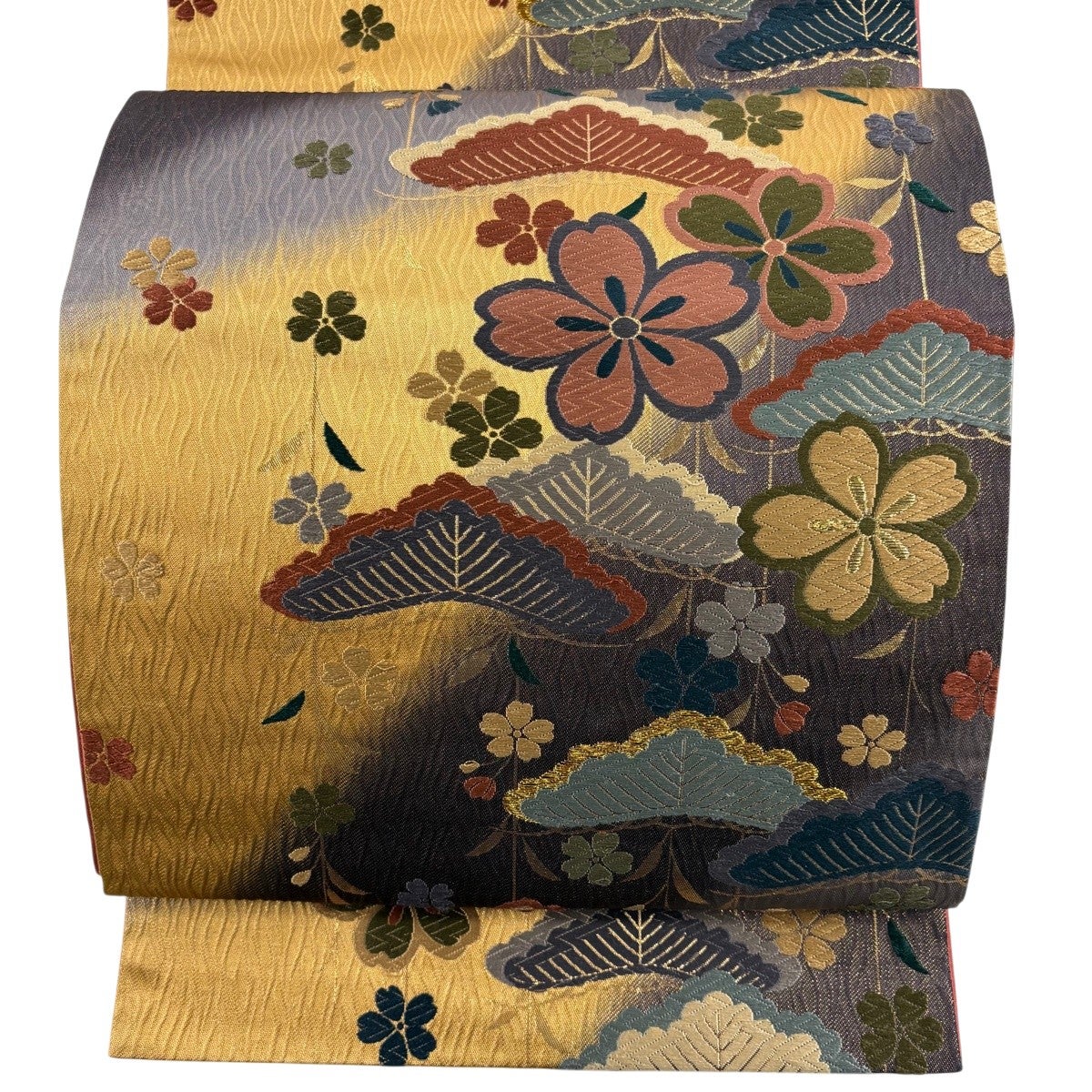 美品】 袋帯 逸品 落款あり 山口成三郎 松皮山桜文 唐織 箔 金色 六通