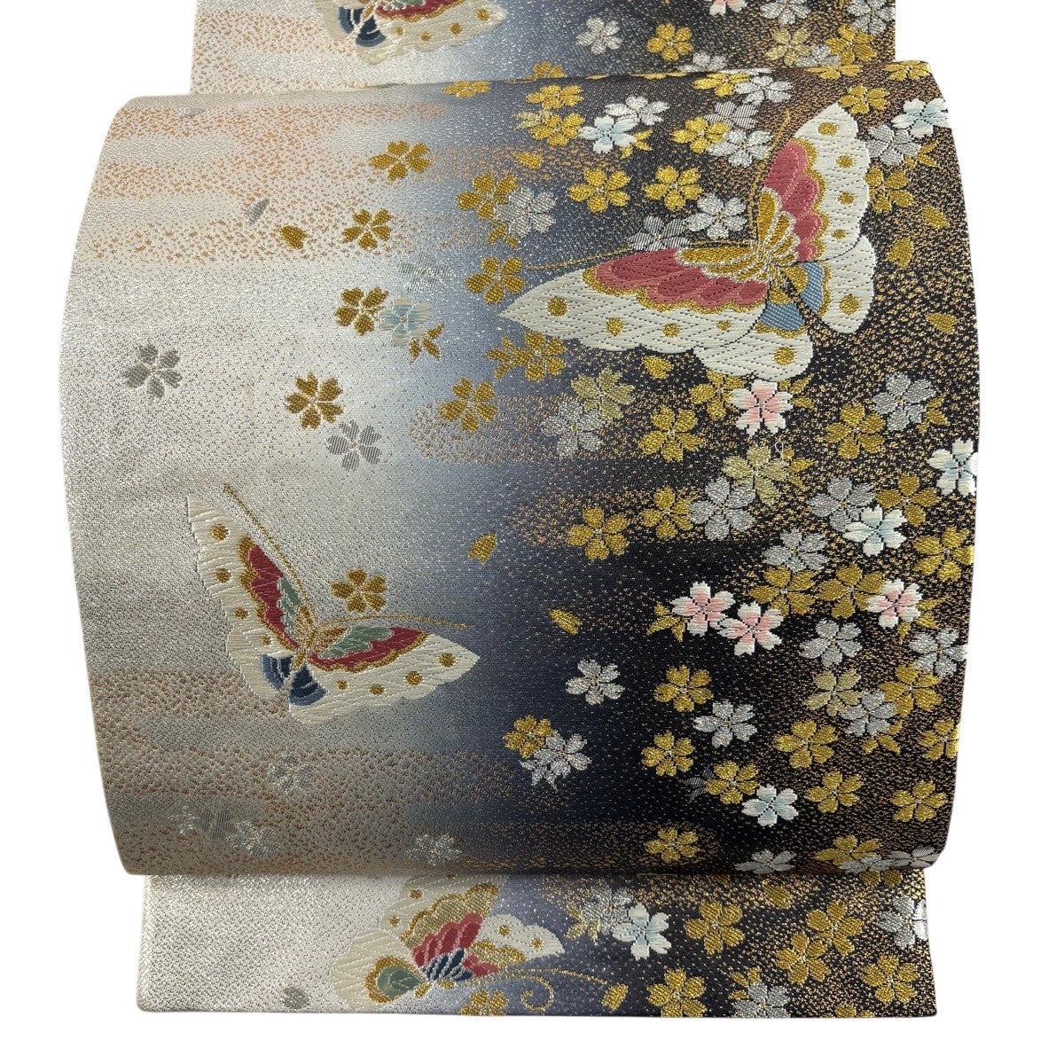 袋帯 秀品 能衣霞に花車文 蝶 唐織 箔 茜色 六通 正絹｜中古・古着