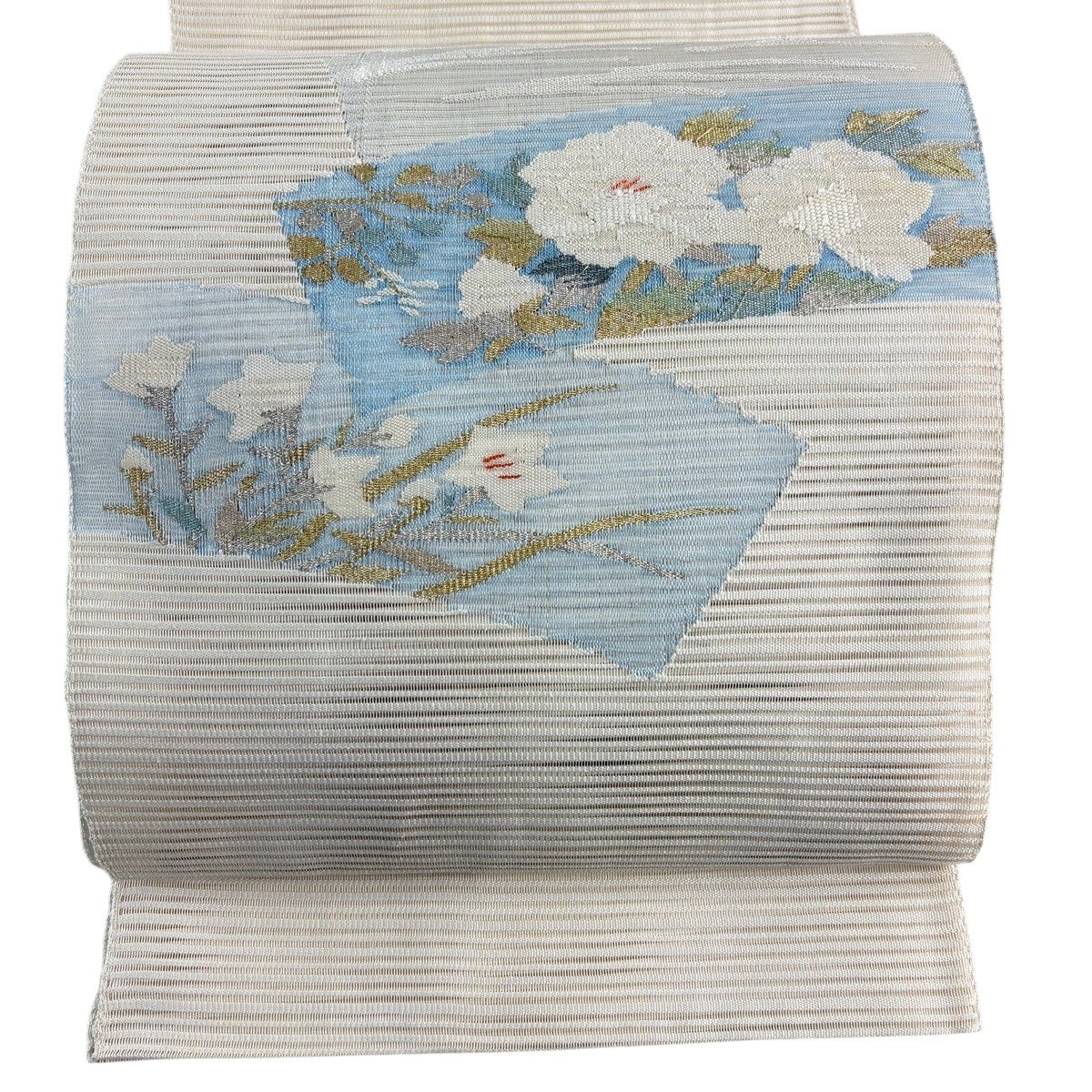 美品】 名古屋帯 秀品 夏帯 絽 松葉仕立て 草花 扇面 金銀糸 クリーム