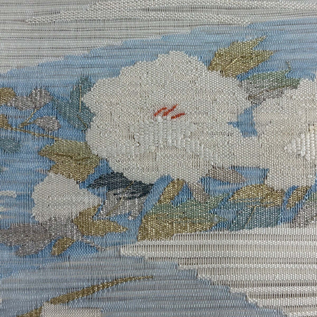 美品】 名古屋帯 秀品 夏帯 絽 松葉仕立て 草花 扇面 金銀糸 クリーム