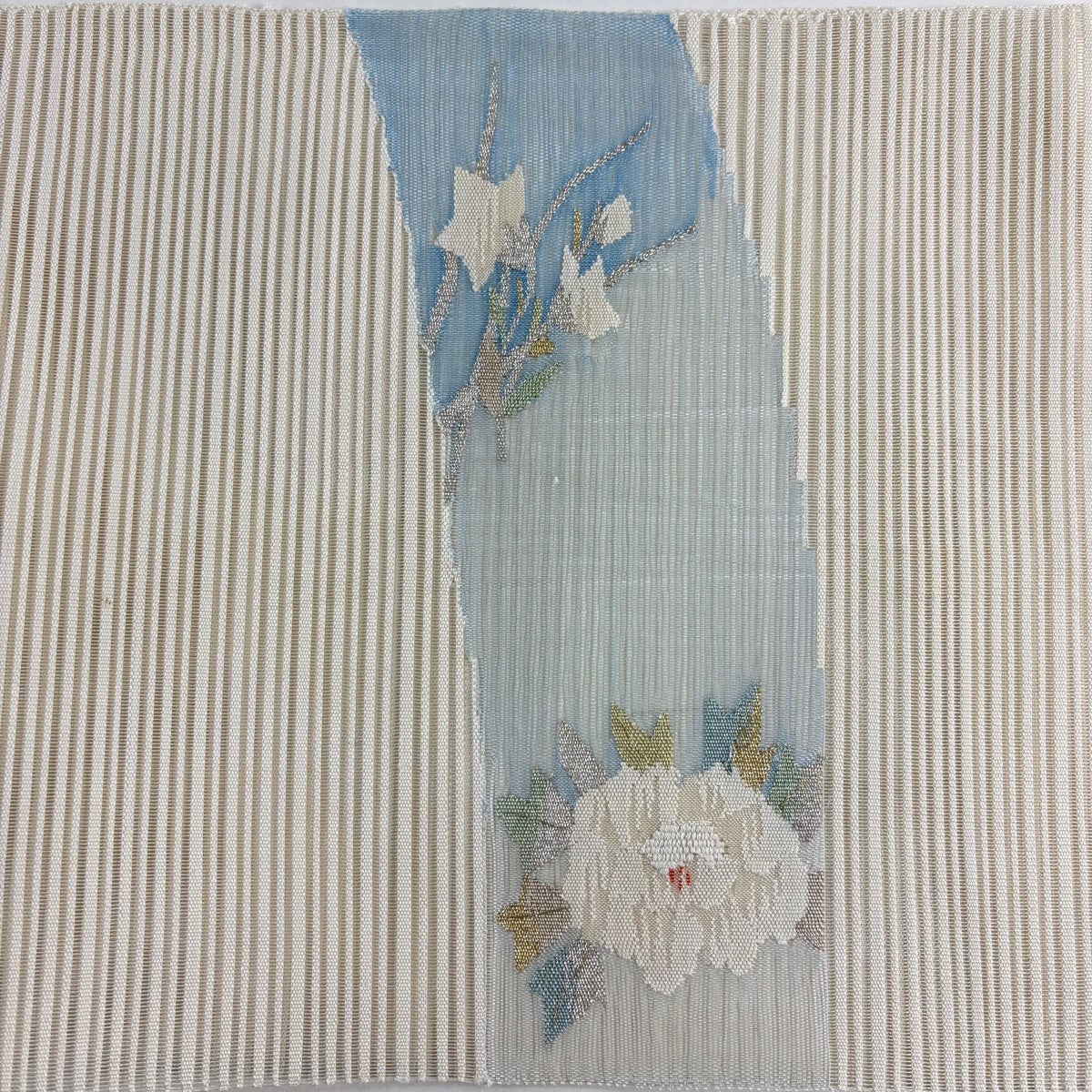 美品 名古屋帯 松葉仕立て 夏帯 夏 絽綴れ アイボリー 枝花 銀糸 3ｍ65㎝ 美品】 名古屋帯 秀品 夏帯 絽 松葉仕立て 草花 扇面 金銀糸 クリーム