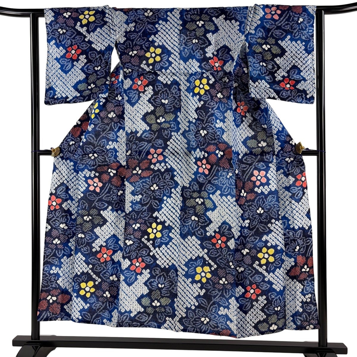浴衣 身丈157.5cm 裄丈68.5cm L 絞り浴衣 草花 紺色 綿 名品｜中古