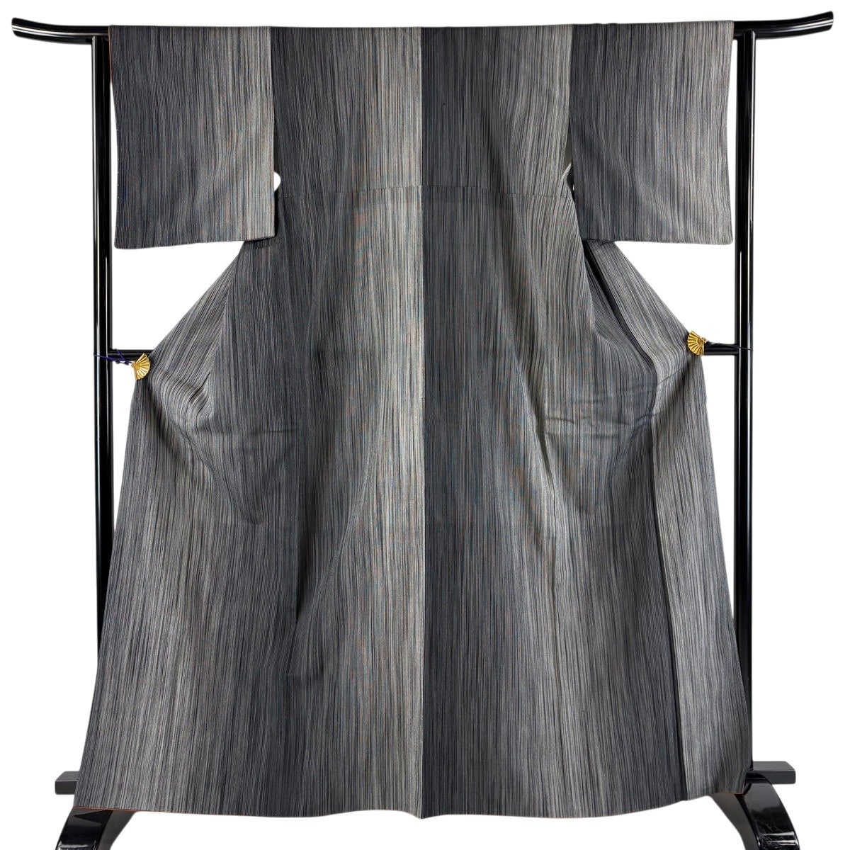 美品】 紬 身丈155.5cm 裄丈62cm S 単衣 麻の葉 縦縞 薄茶色 正絹 秀品