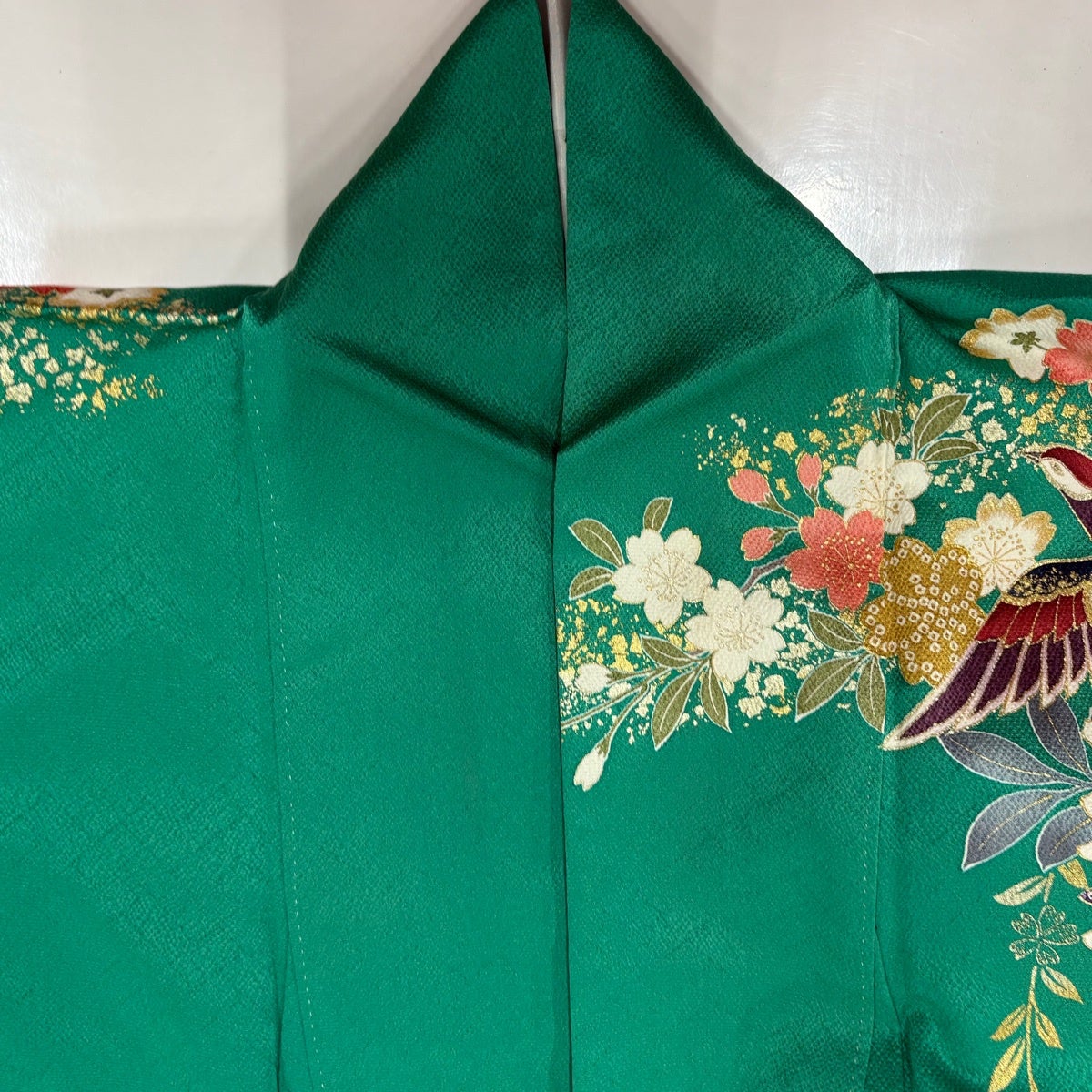 振袖 身丈156cm 裄丈65.5cm M 袷 尾長鳥 藤 金彩 ぼかし 緑 正絹 秀品