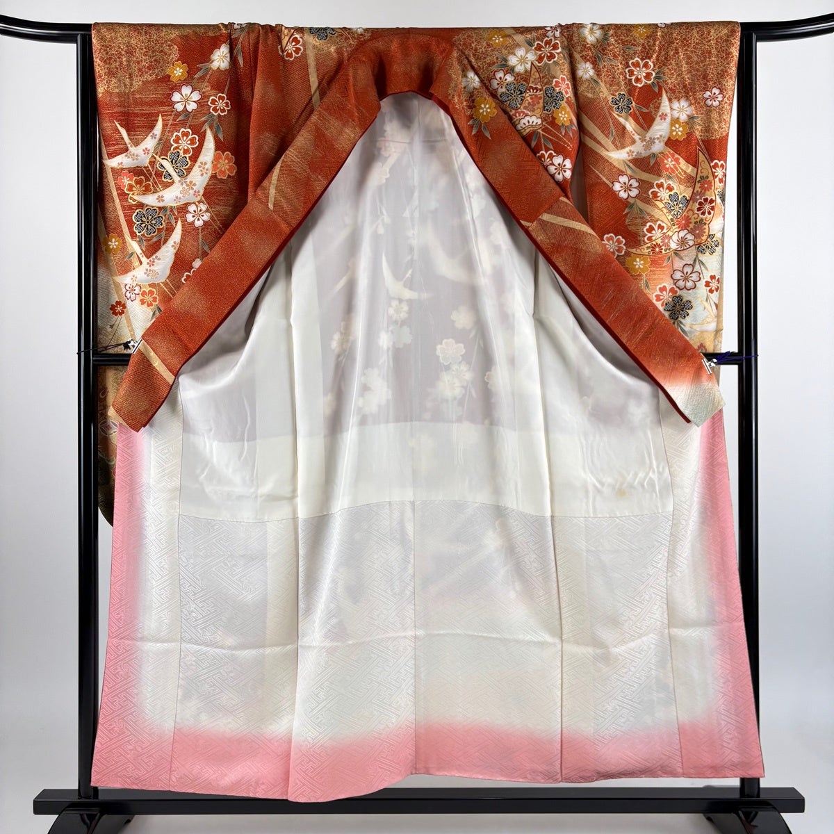 振袖 美品 名品 鈴乃屋 桜 桜の花びら 金彩 ぼかし 赤紫 袷 美品】 振袖 身丈162.5cm 裄丈68cm L 袷 袋帯フルセット 鈴乃屋 桜