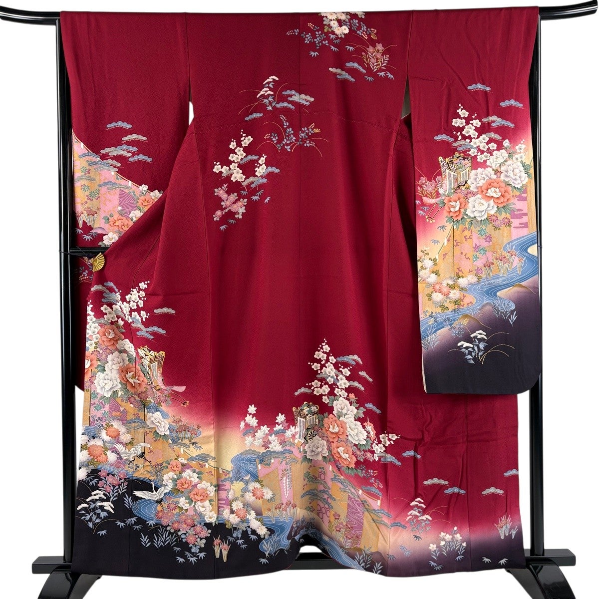 振袖 身丈161cm 裄丈64.5cm M 袷 扇 松竹梅 金糸 金彩 青緑 正絹 秀品