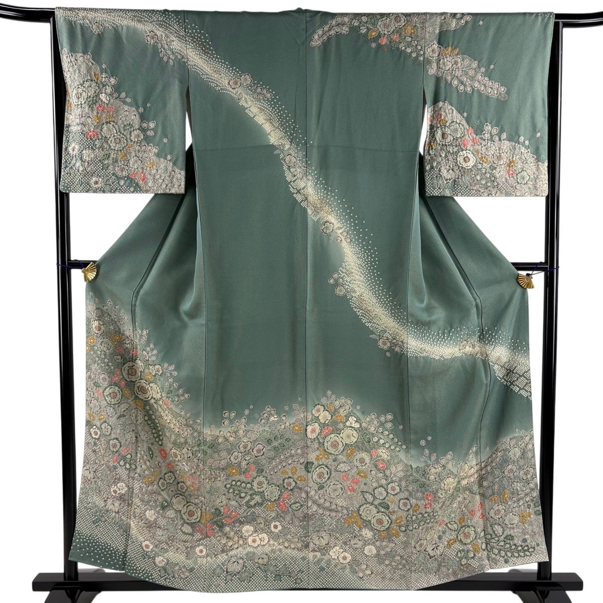 訪問着 身丈156.5cm 裄丈64.5cm M 袷 辻ヶ花柄 金通し 金彩 灰緑 正絹