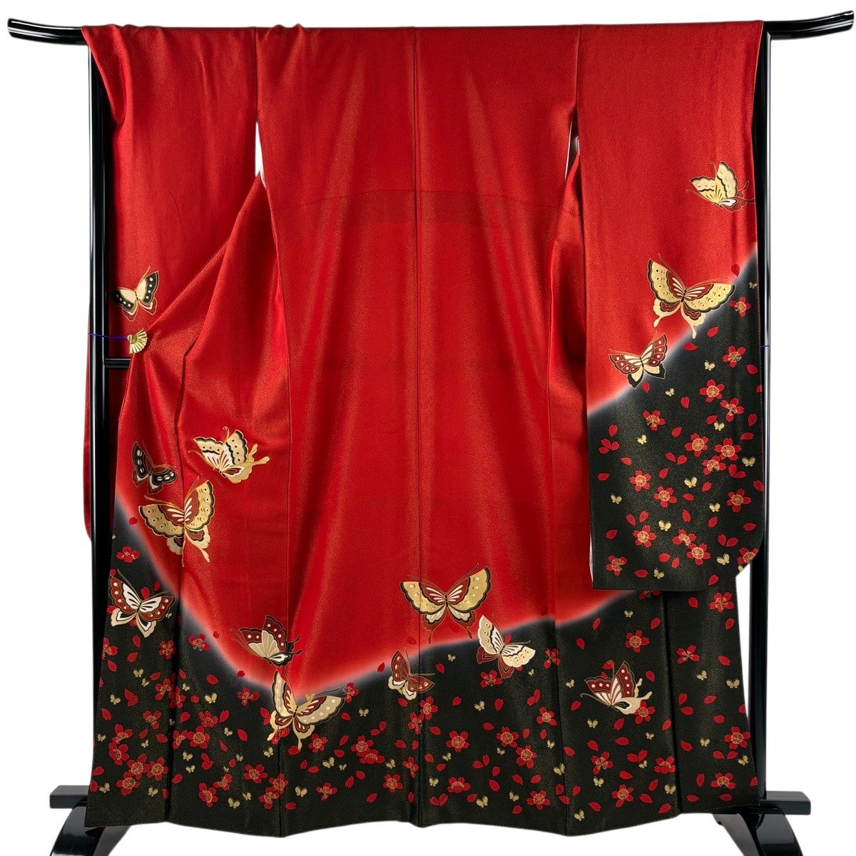 振袖 身丈163cm 裄丈68cm L 袷 蝶 桜 金通し 金彩 赤 正絹 名品｜中古