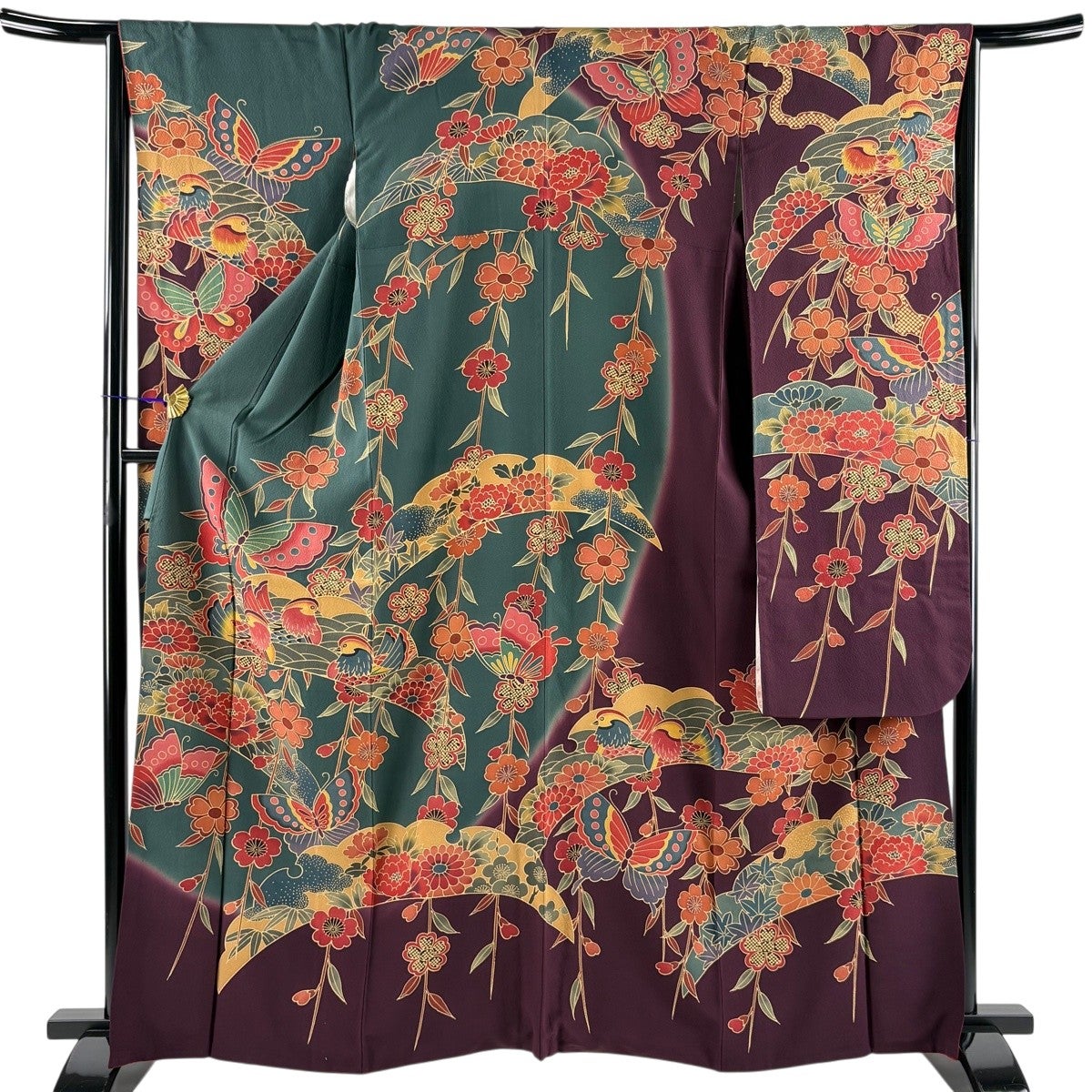 振袖 身丈163cm 裄丈65.5cm M 袷 蝶 花鳥 ぼかし 緑 正絹 名品｜中古