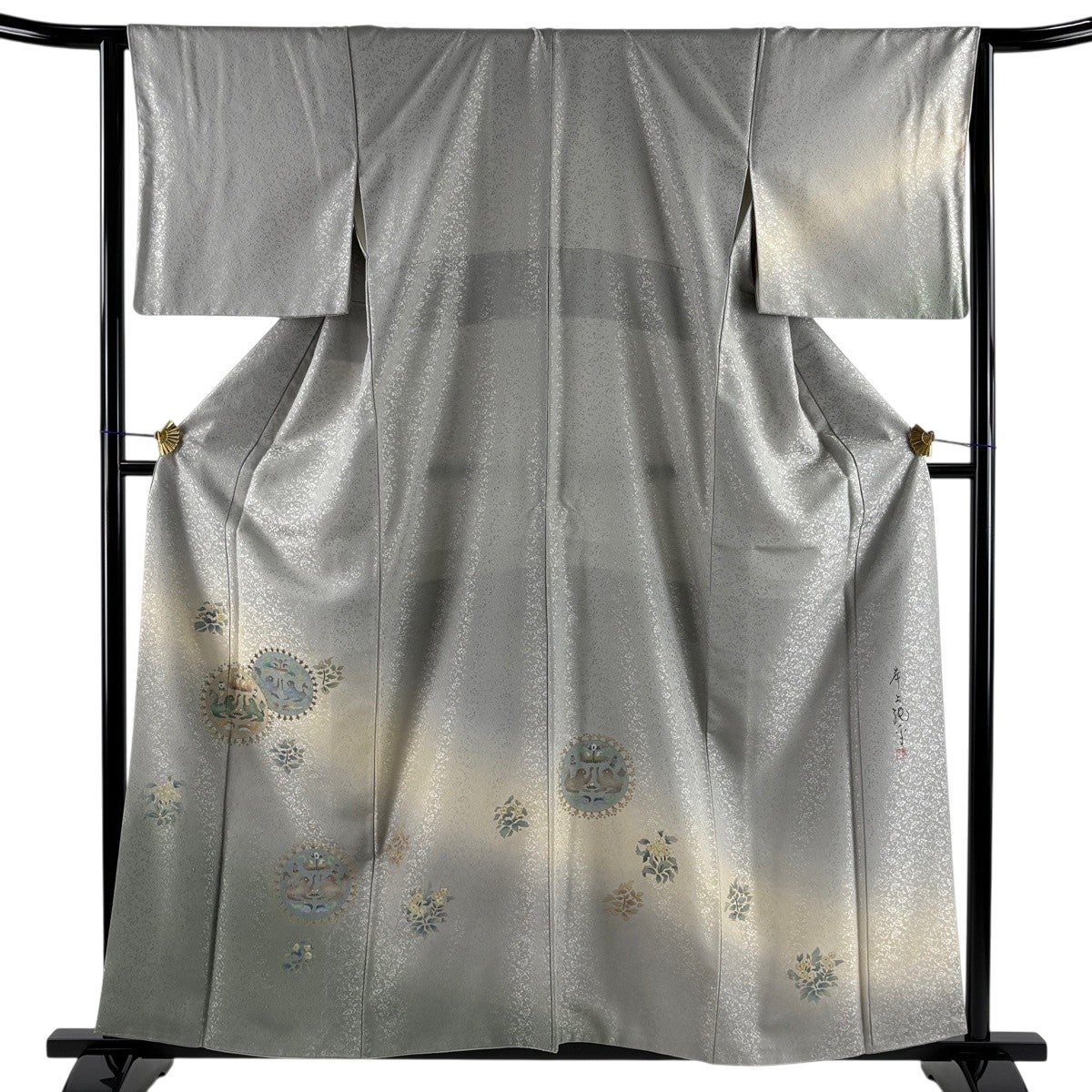 付下げ　絽　洗える　灰黄色　秋草柄　身丈162.5裄65.5 美品】 付下げ 身丈158.5cm 裄丈65cm M 袷 落款あり 動物 草花 金彩