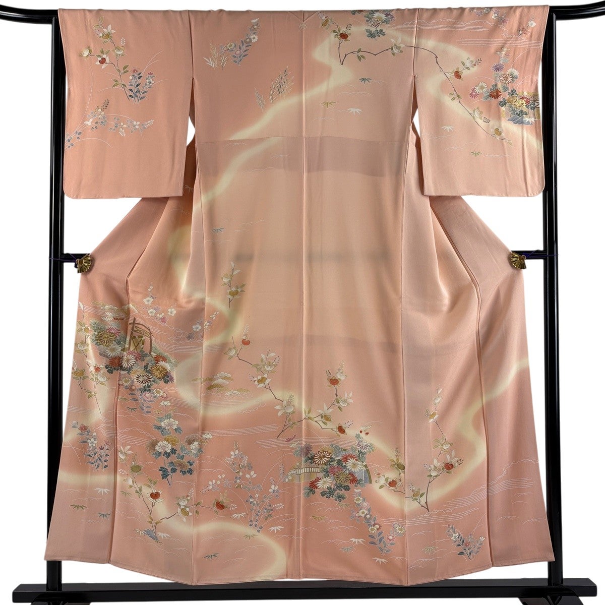 訪問着 身丈155cm 裄丈64.5cm M 袷 菊 松竹梅 金糸 金彩 ピンク 正絹