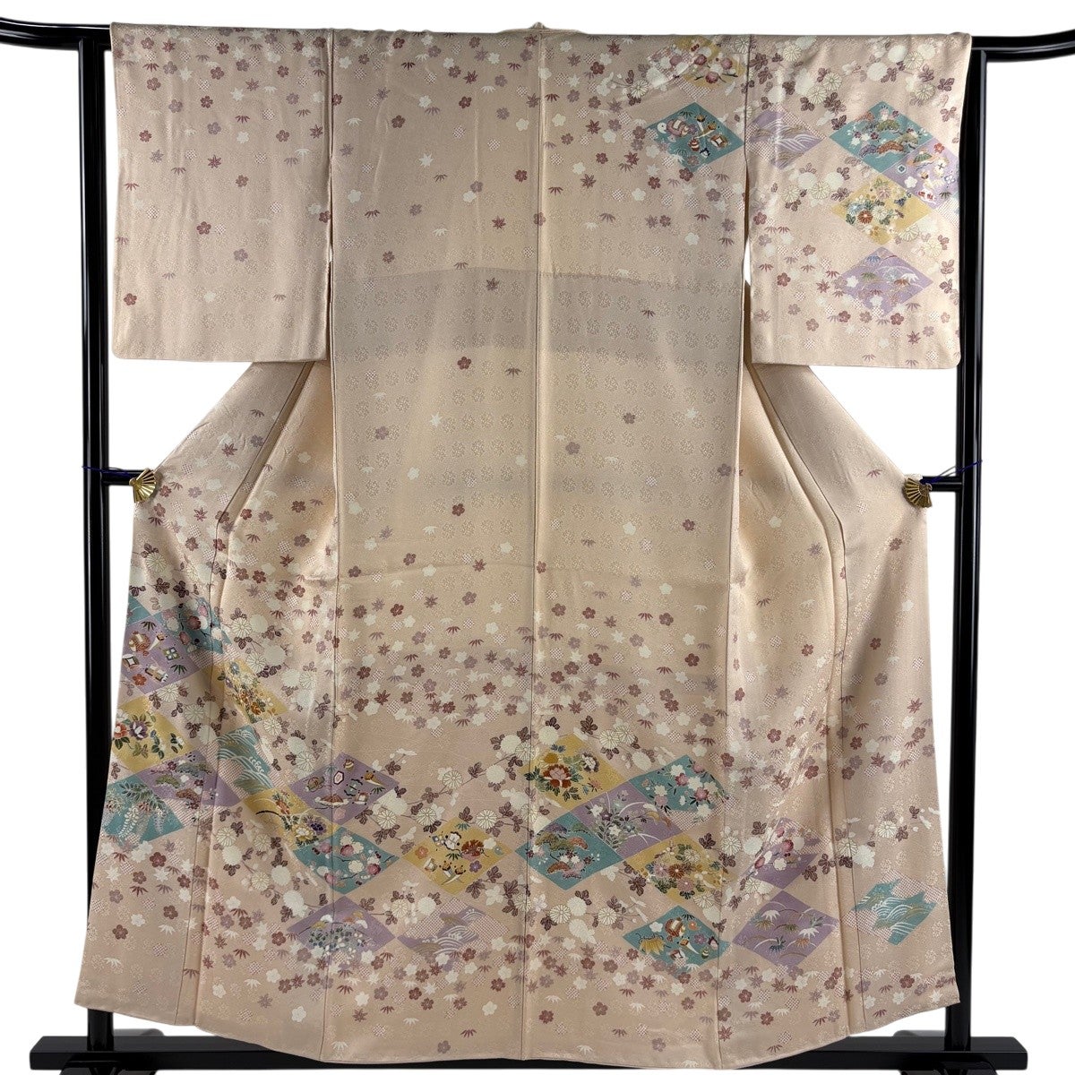 訪問着 身丈156.5cm 裄丈64cm M 袷 宝尽くし 草花 金糸 金彩 薄ピンク
