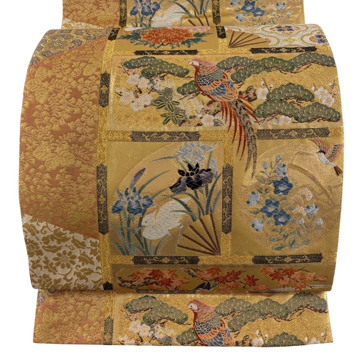 美品】 袋帯 秀品 華文 花鳥 金銀糸 箔 緑 六通 正絹｜中古・古着
