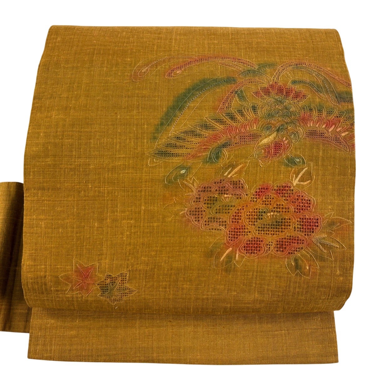 美品】 名古屋帯 秀品 紬地 尾長鶏 牡丹 刺繍 山吹色 正絹｜中古・古着