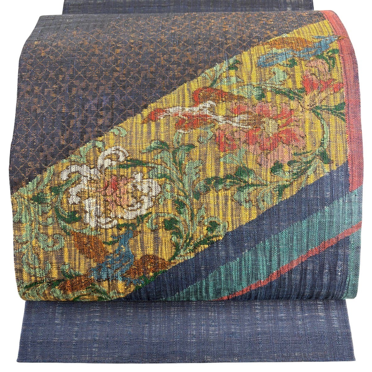 美品】 袋帯 名品 渡文 落款あり 鳥 草花 金銀糸 紺色 お太鼓柄 正絹