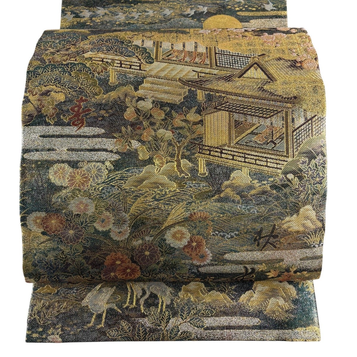 【美品】 丸帯 名品 全通 正絹 【中古】 美品】 丸帯 名品 平安雅祭礼図 人物 色紙 箔 金色 お太鼓柄 正絹