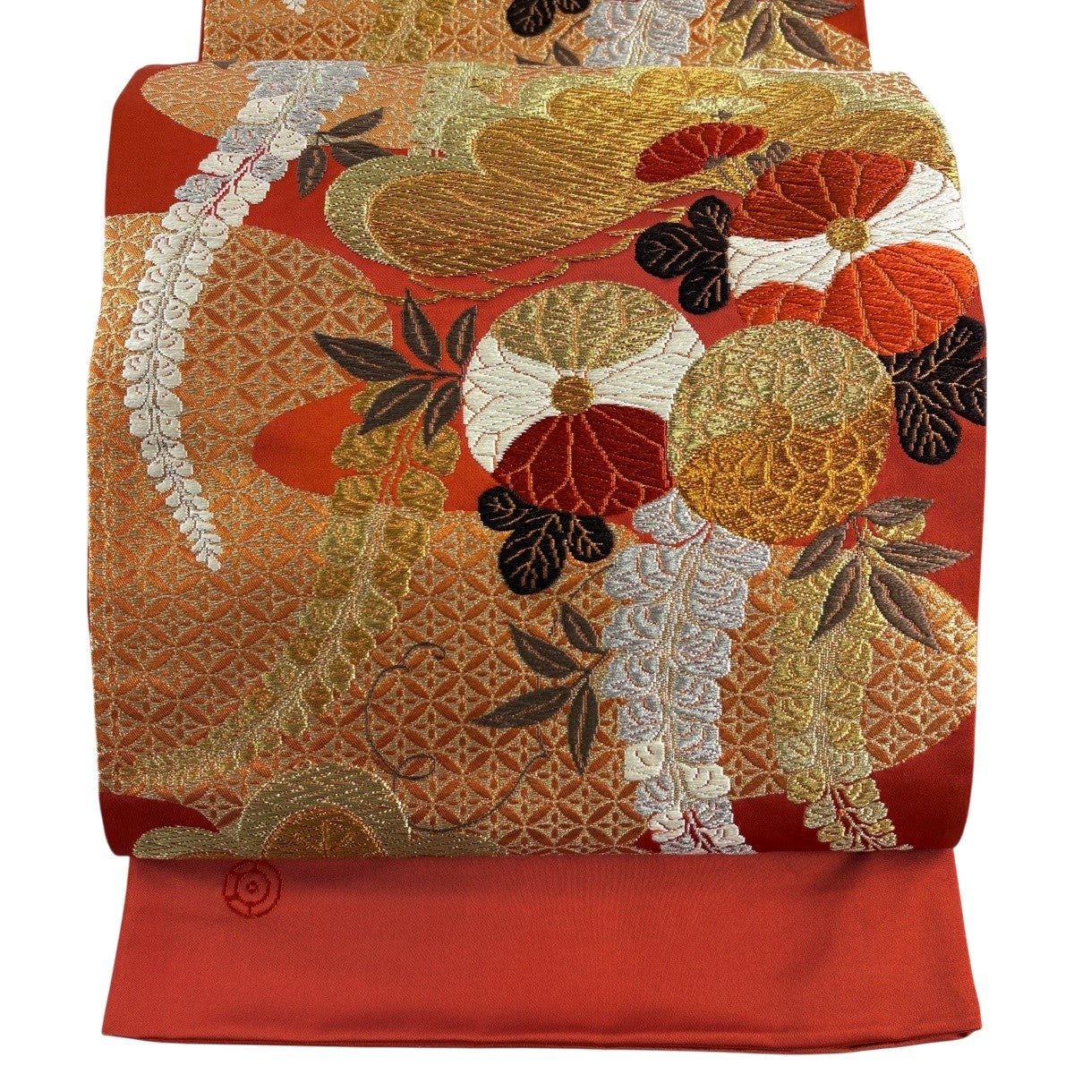 美品】 袋帯 名品 河合美術織物 落款あり 菊 松 金銀糸 箔 赤茶 六通
