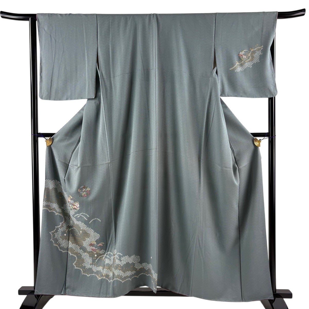 振袖 身丈158cm 裄丈66cm 正絹 逸品 【中古】 付下げ 身丈158cm 裄丈66cm M 袷 花丸文 道長取り 刺繍 絞り 灰緑 正絹