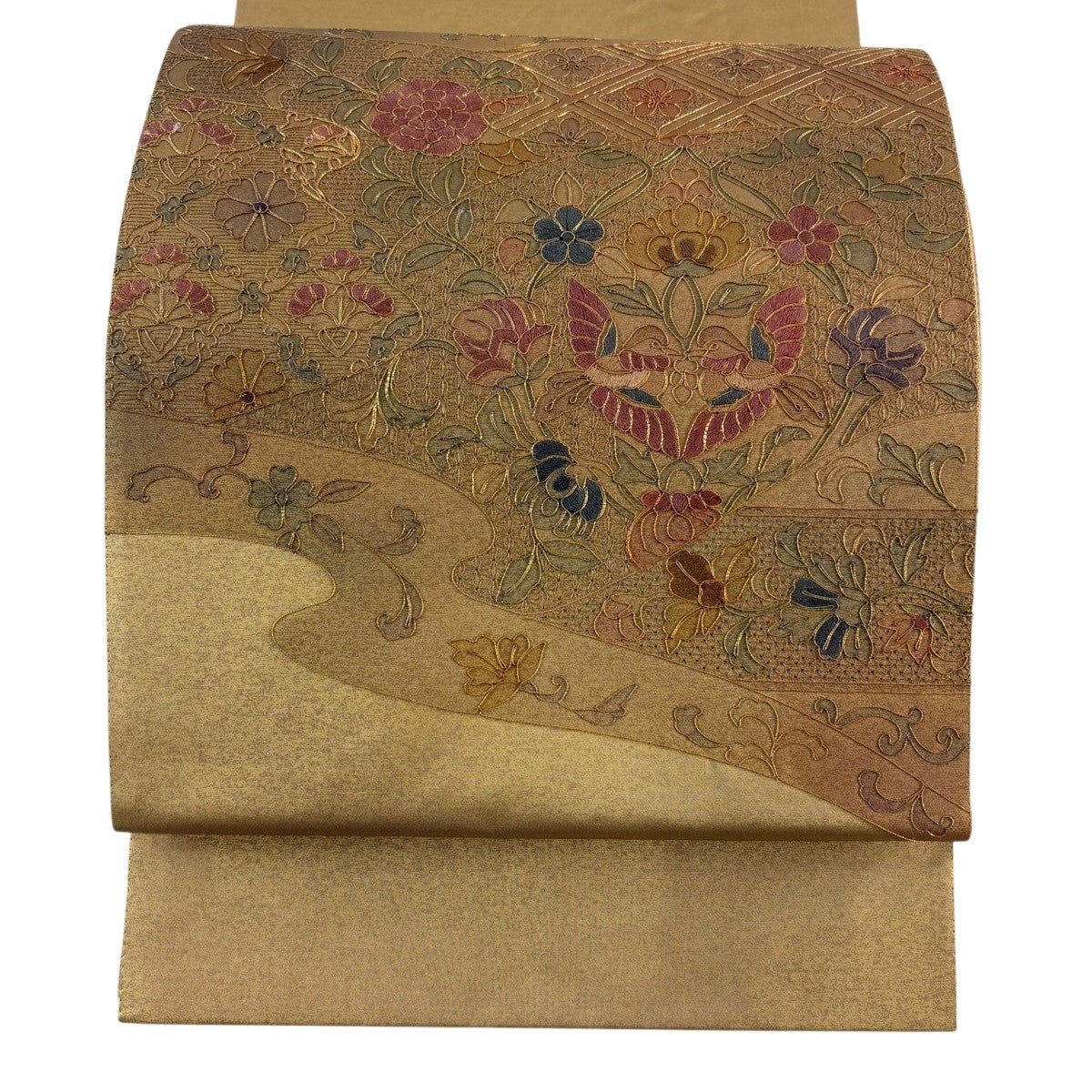 美品】 袋帯 秀品 関西仕立て 華文 草花 箔 刺繍 金色 お太鼓柄 正絹