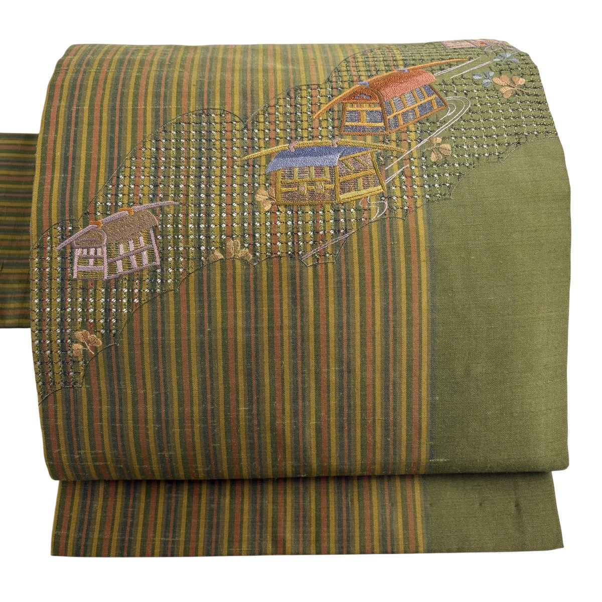 美品】 名古屋帯 秀品 紬地 駕籠 縞 刺繍 よもぎ色 正絹｜中古・古着