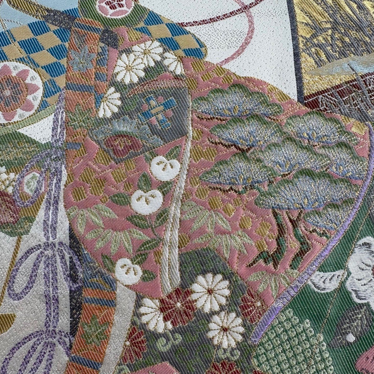 美品】 袋帯 秀品 壽光織 関西仕立て 誰が袖 扇 箔 クリーム お太鼓柄