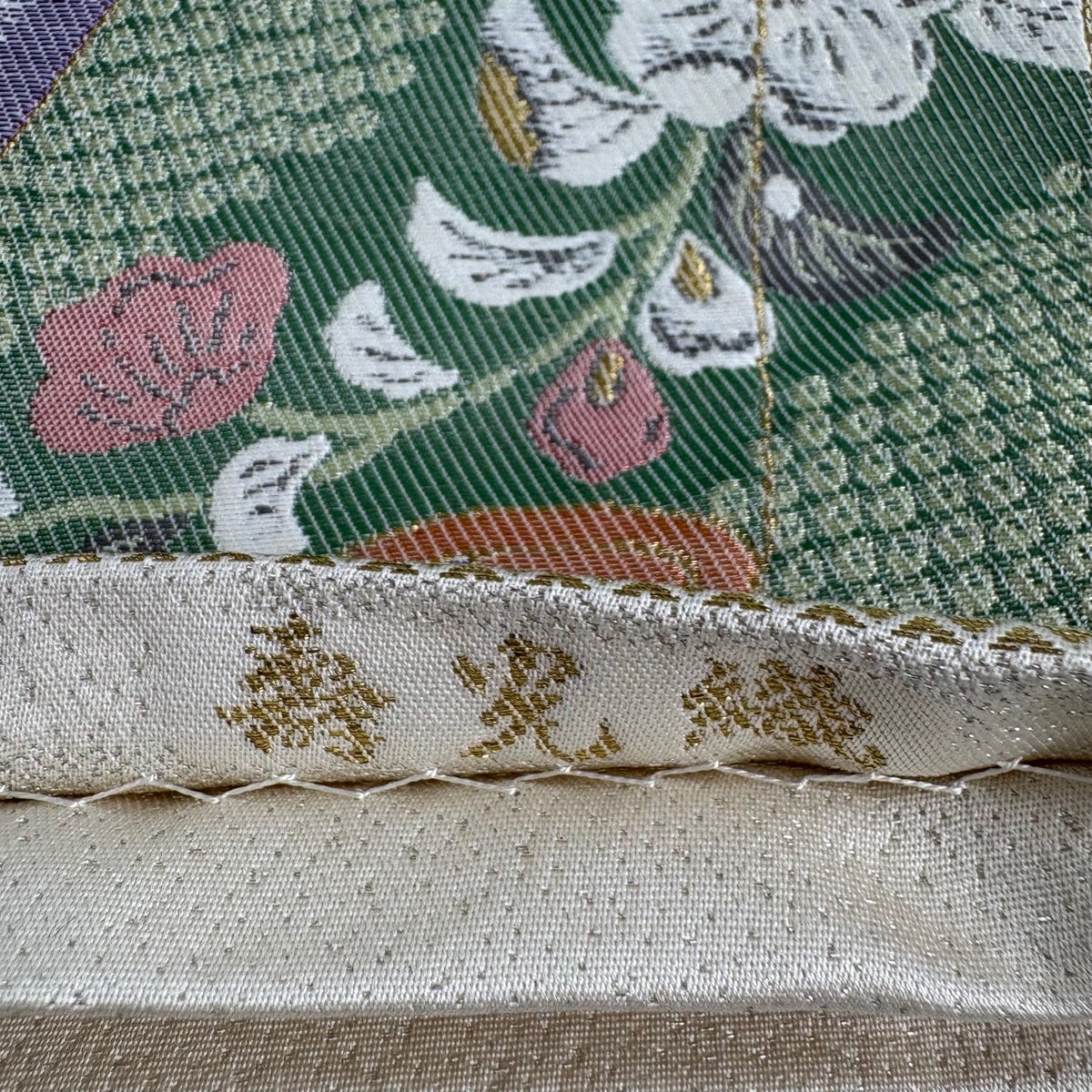 美品】 袋帯 秀品 壽光織 関西仕立て 誰が袖 扇 箔 クリーム お太鼓柄