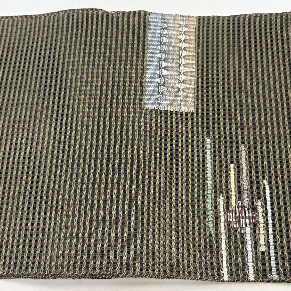 美品】 名古屋帯 秀品 夏帯 八寸名古屋帯 縞 幾何学模様 茶緑色 正絹
