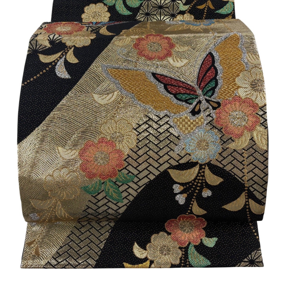 美品】 袋帯 秀品 辻が花柄 蝶 箔 ラメ 黒 六通 正絹｜中古・古着