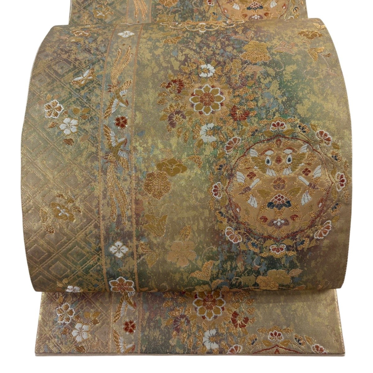 美品】 袋帯 秀品 証紙あり 向かい鳥 華文 金糸 唐織 金茶 六通 正絹
