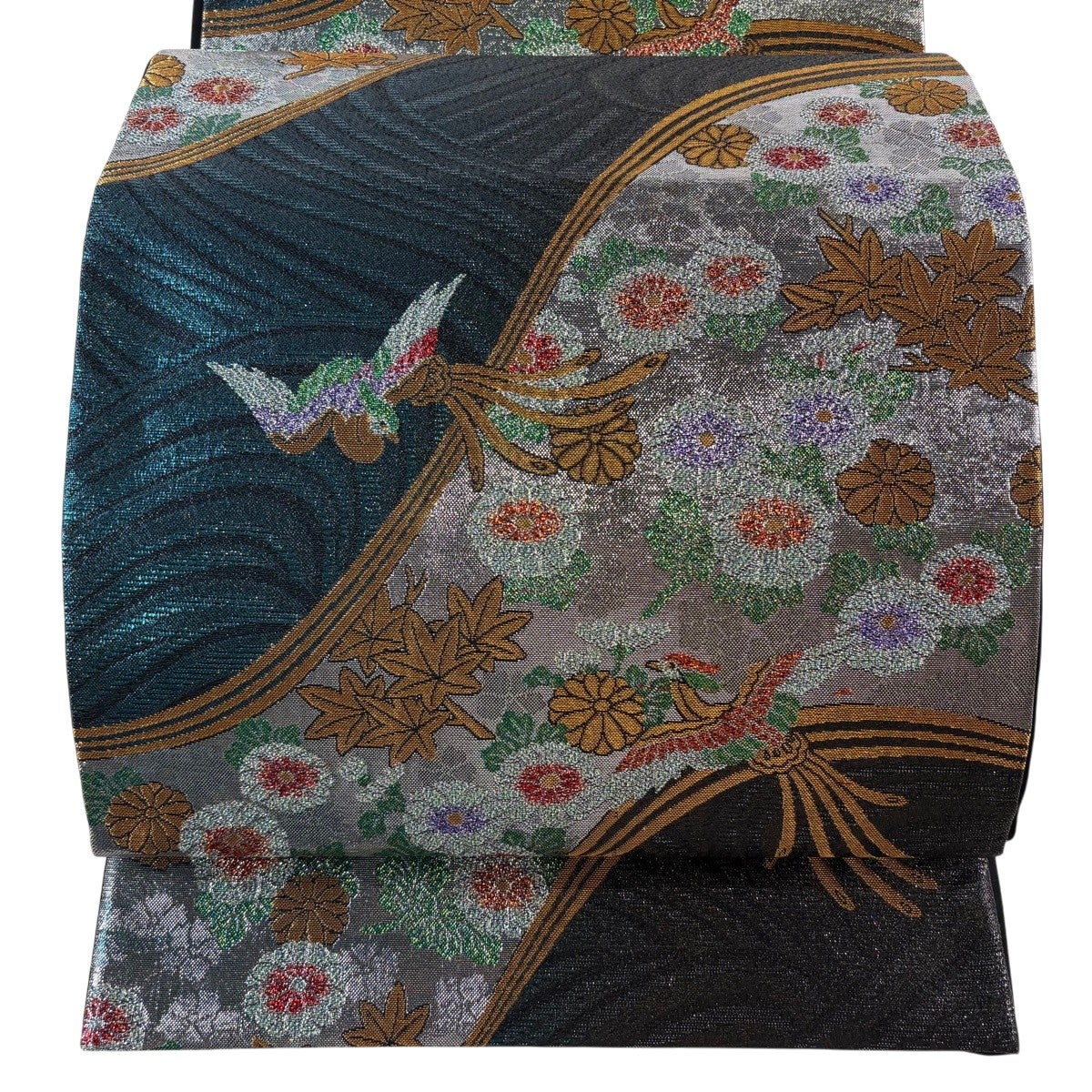 袋帯 秀品 尾長鳥 桐 金糸 箔 紫 お太鼓柄 正絹｜中古・古着
