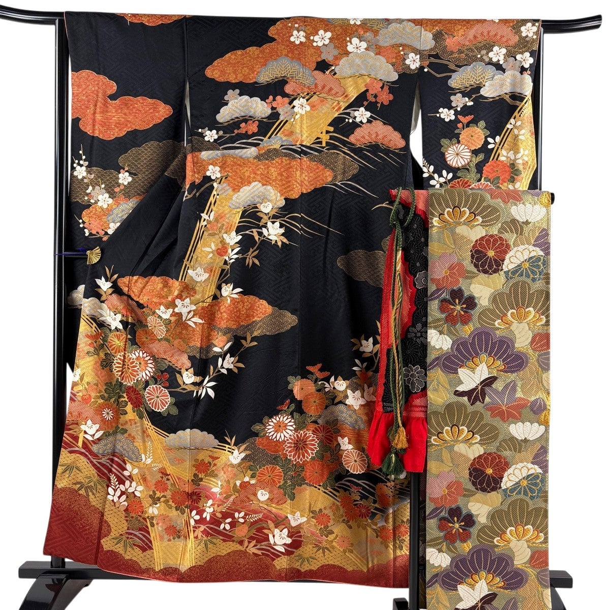 50%OFF 振袖 身丈168cm 裄丈67.5cm L 袷 袋帯フルセット 牡丹 霞 金彩