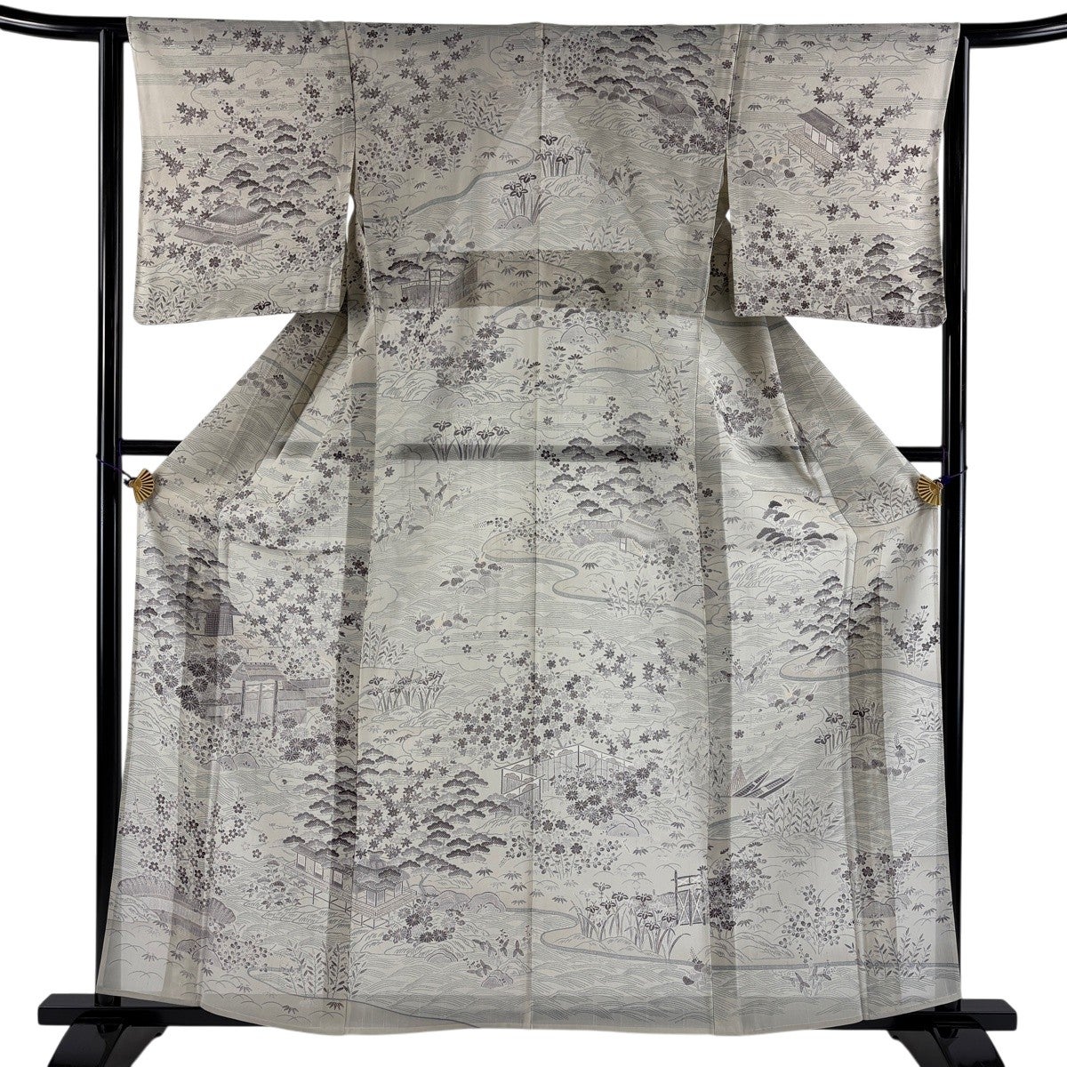 美品】 訪問着 身丈161.5cm 裄丈63cm S 薄物 夏紬地 風景 建物 灰緑