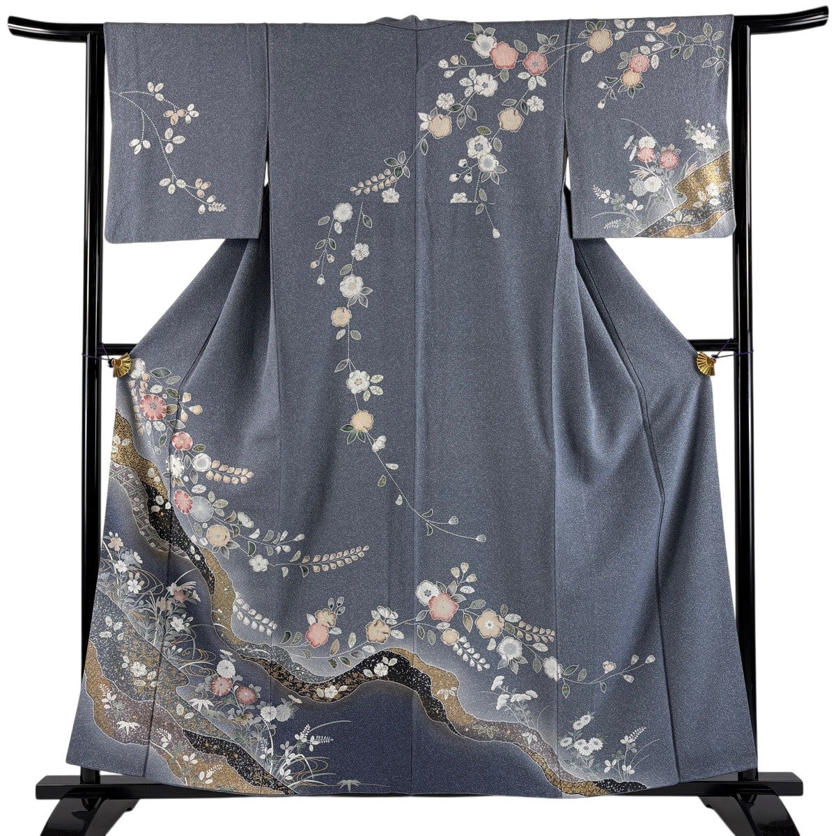 訪問着 身丈159cm 裄丈62cm S 袷 草花 流水 金彩 ぼかし 青灰色 正絹