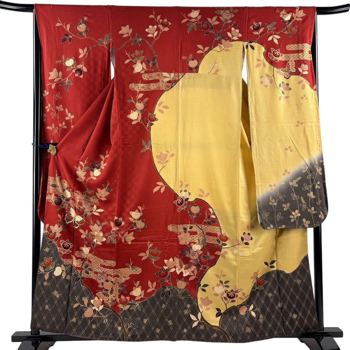 振袖 身丈159.5cm 裄丈65.5cm M 袷 蝶 橘 金糸 金彩 赤 正絹 秀品