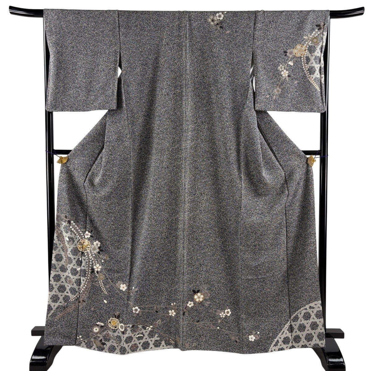 美品】 訪問着 身丈165.5cm 裄丈66.5cm M 袷 桜 藤 金糸 金彩 黒灰