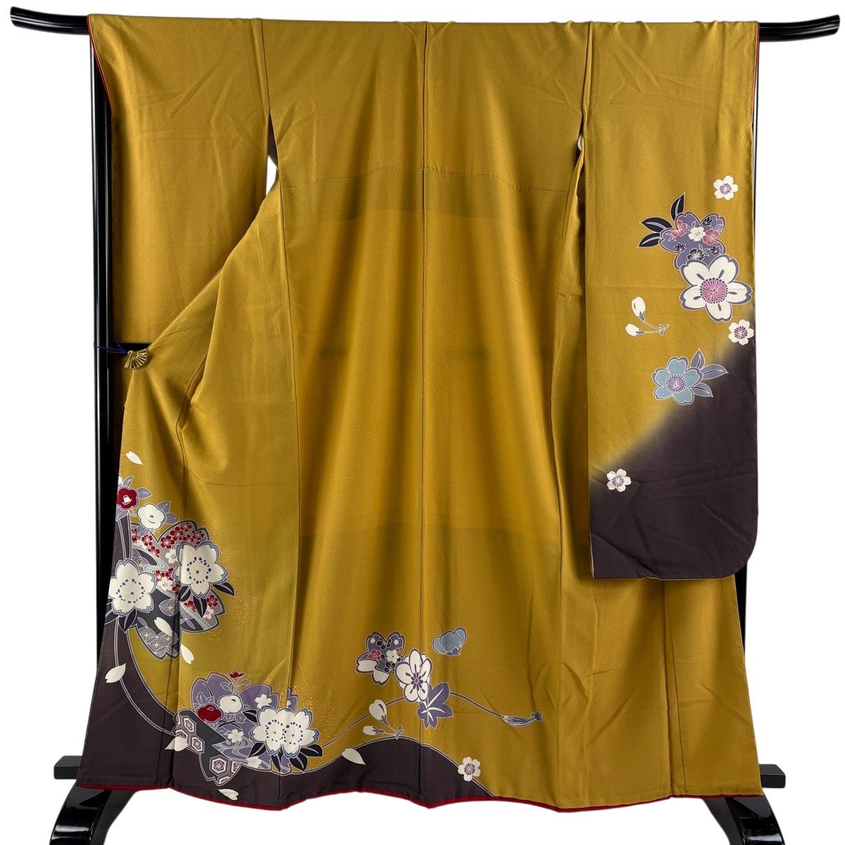 振袖 身丈163cm 裄丈67.5cm L 袷 ふき綿仕立て 桜 椿 金彩 山吹茶色