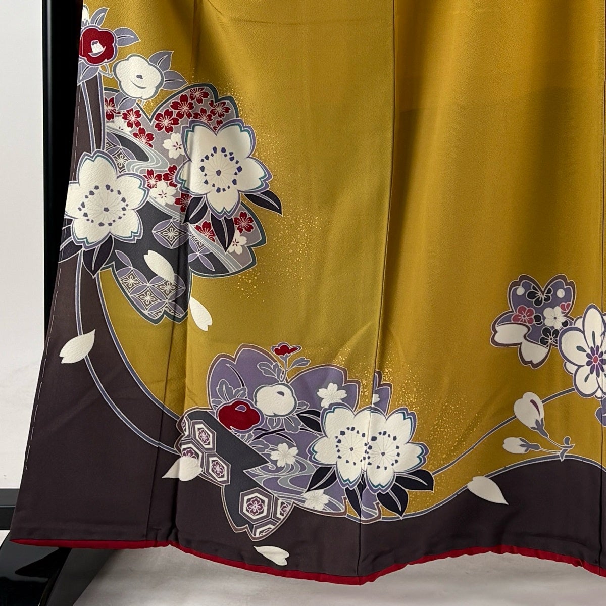 振袖 身丈163cm 裄丈67.5cm L 袷 ふき綿仕立て 桜 椿 金彩 山吹茶色