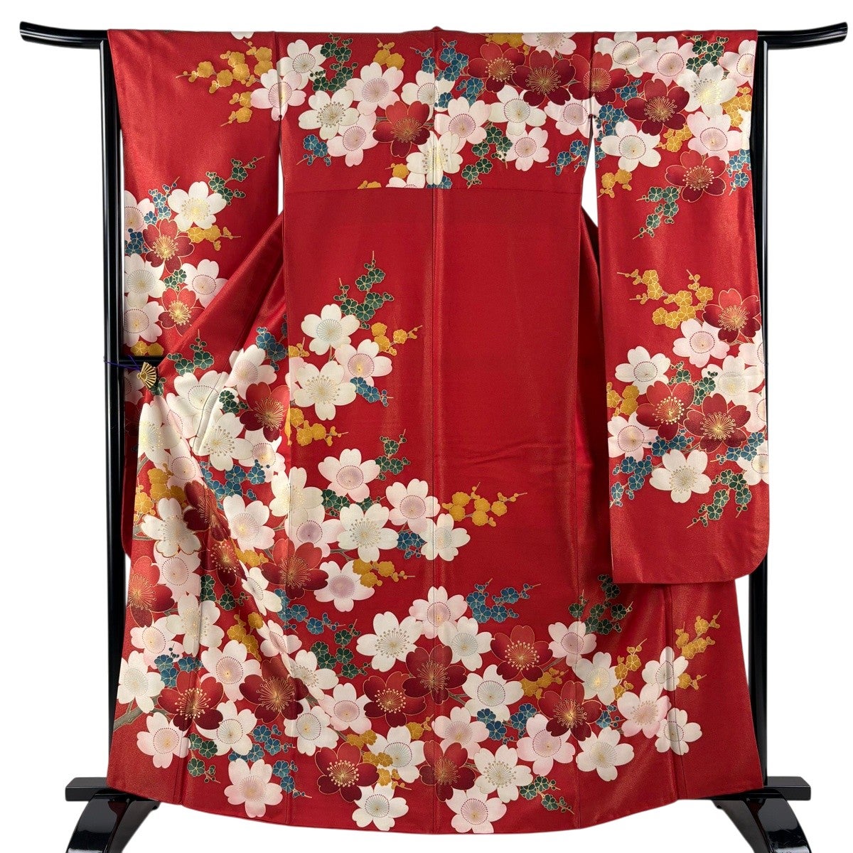 美品】 振袖 身丈163.5cm 裄丈64cm M 袷 桜 枝梅 金通し 金彩 赤 正絹