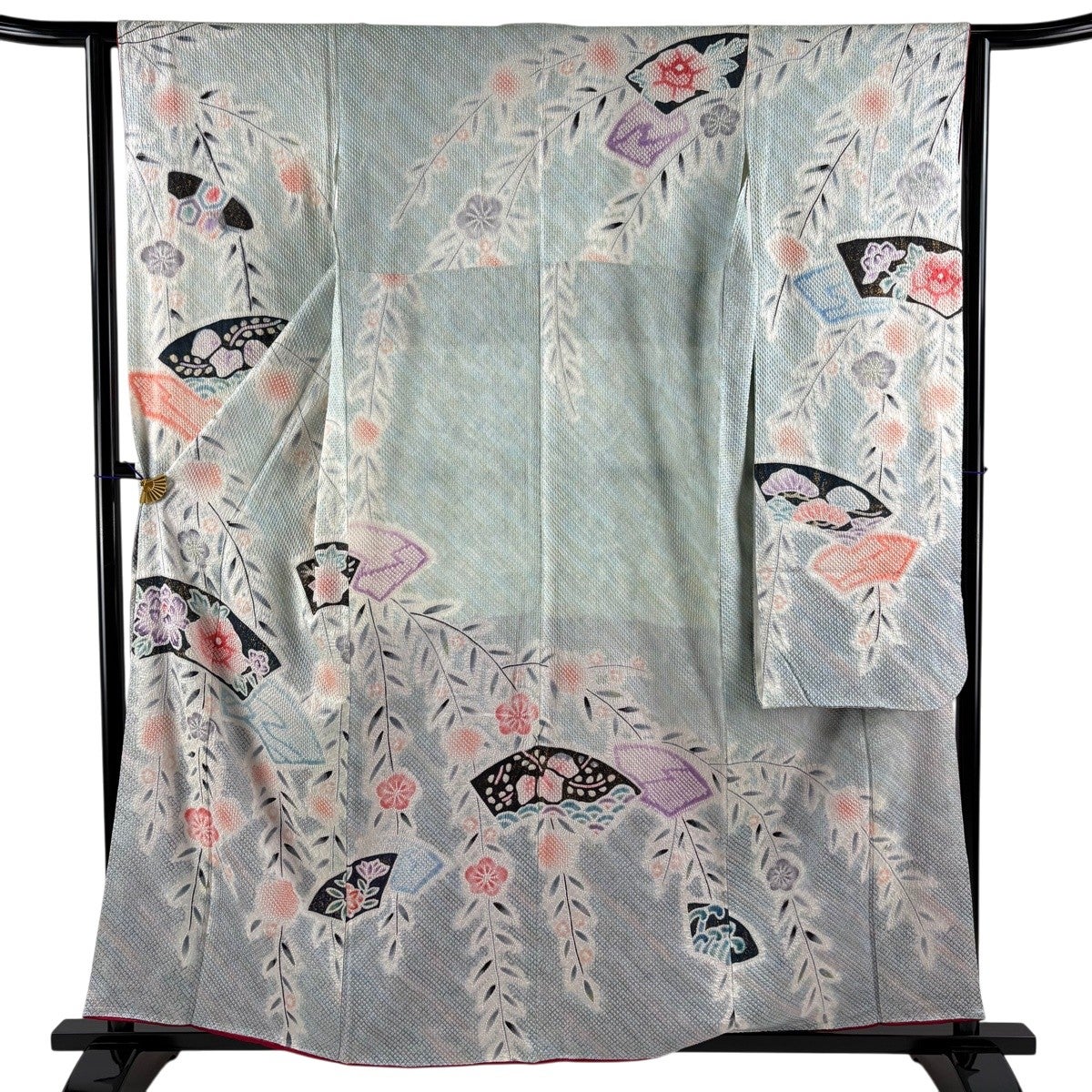 振袖 身丈157.5cm 裄丈63cm S 袷 扇面 梅 絞り 金彩 水色 正絹 秀品