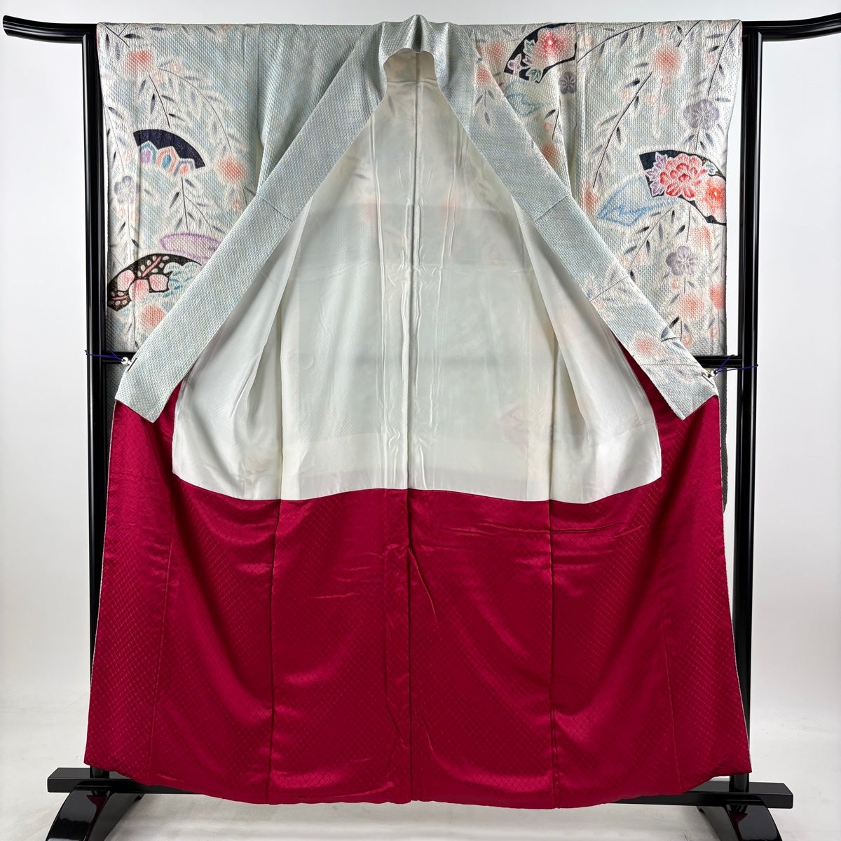 振袖 身丈157.5cm 裄丈63cm S 袷 扇面 梅 絞り 金彩 水色 正絹 秀品
