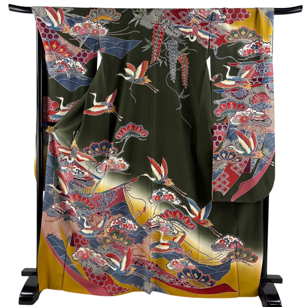 振袖 身丈168.5cm 裄丈69.5cm L 袷 鶴 笠松 金彩 ぼかし 深緑 正絹 秀