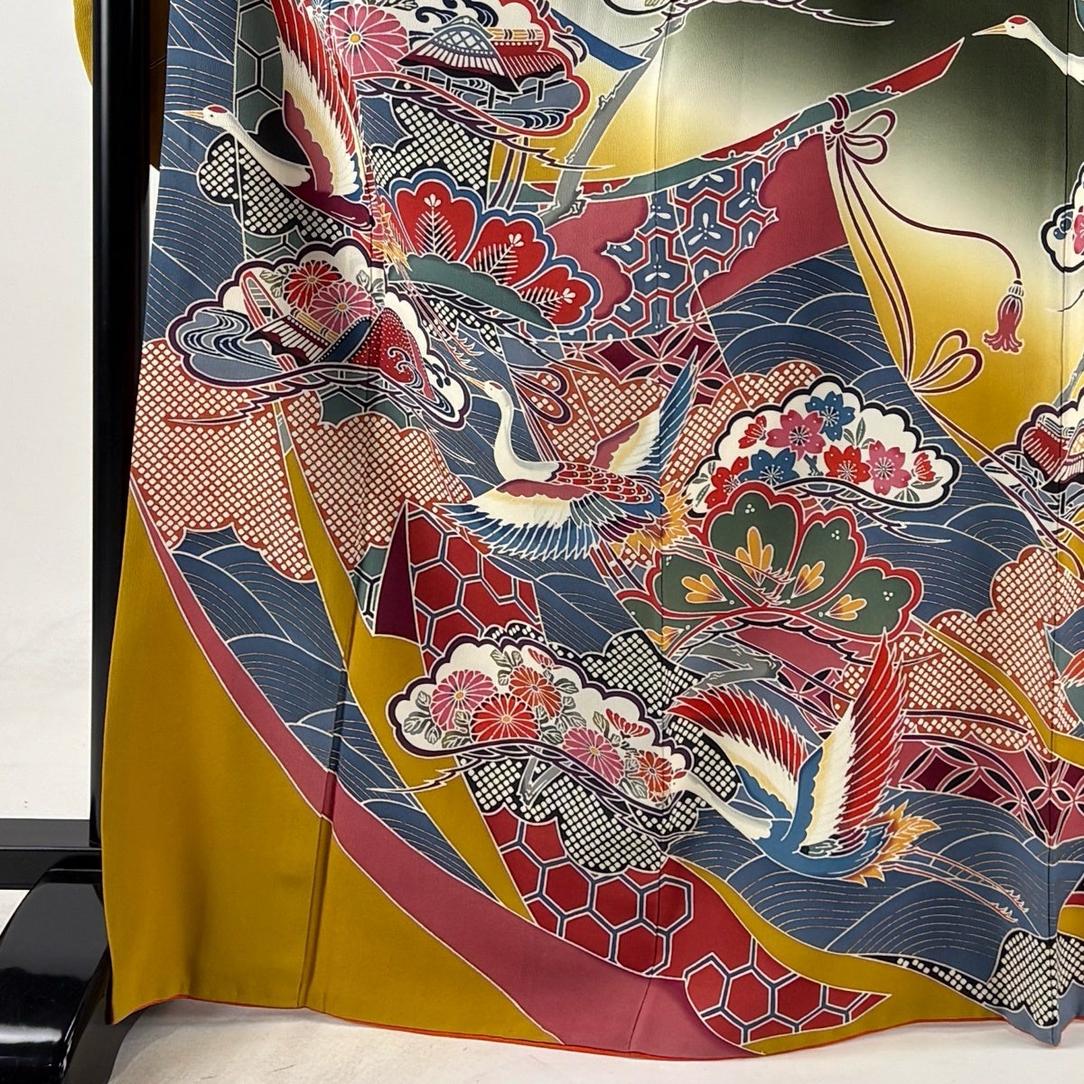 振袖 身丈168.5cm 裄丈69.5cm L 袷 鶴 笠松 金彩 ぼかし 深緑 正絹 秀