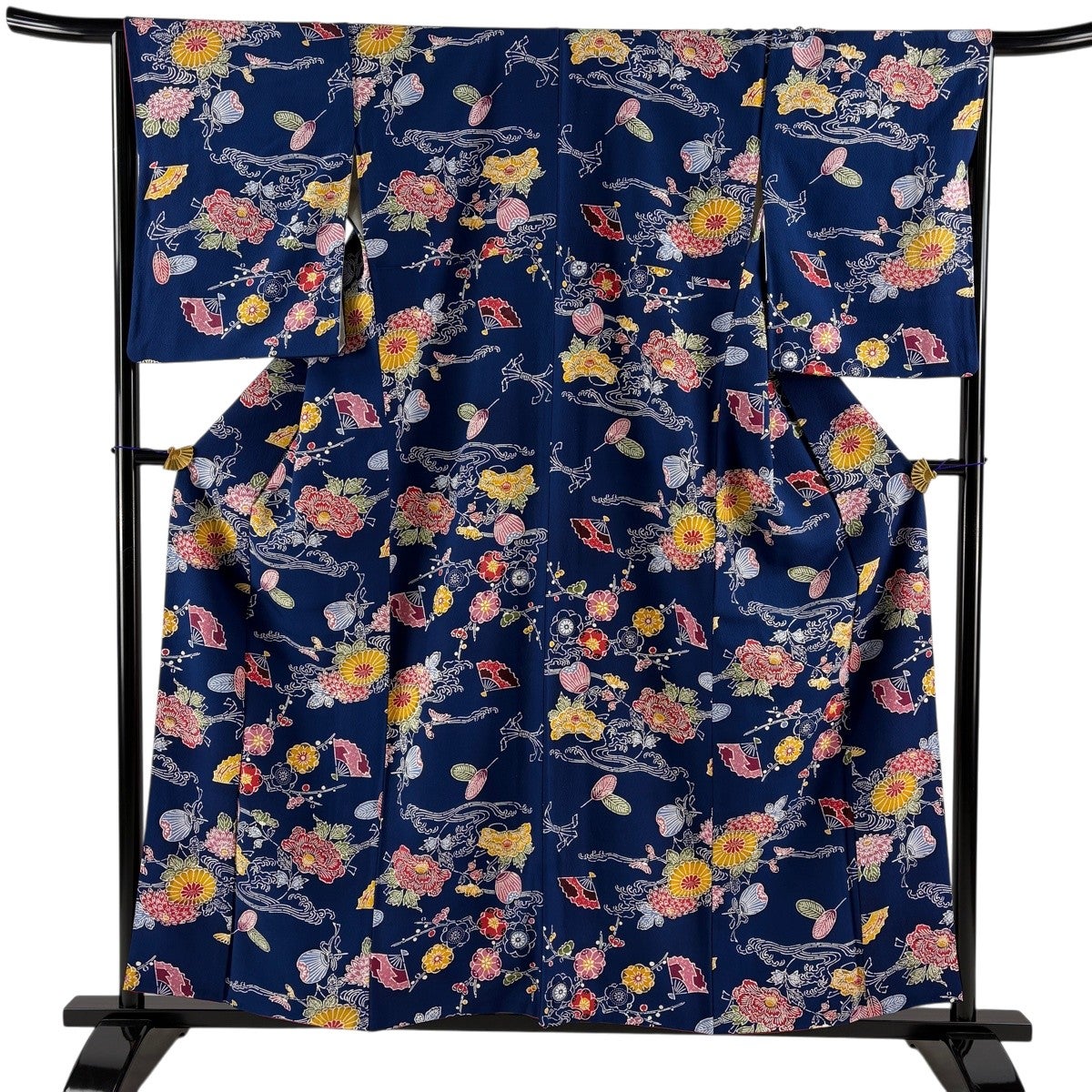 小紋 身丈157.5cm 裄丈66cm M 袷 扇 草花 紺色 正絹 秀品｜中古・古着