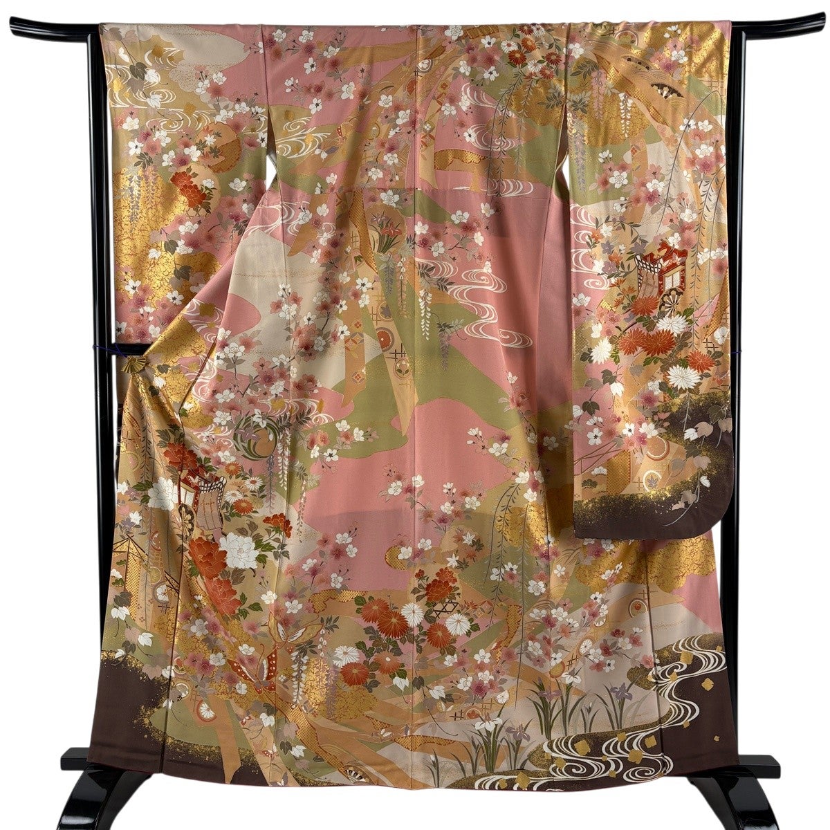 美品】 振袖 身丈162cm 裄丈64.5cm M 袷 御所車 牡丹 金彩 ピンク 正絹