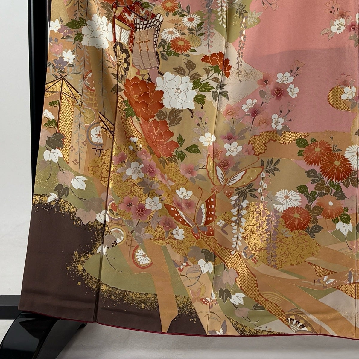美品】 振袖 身丈162cm 裄丈64.5cm M 袷 御所車 牡丹 金彩 ピンク 正絹