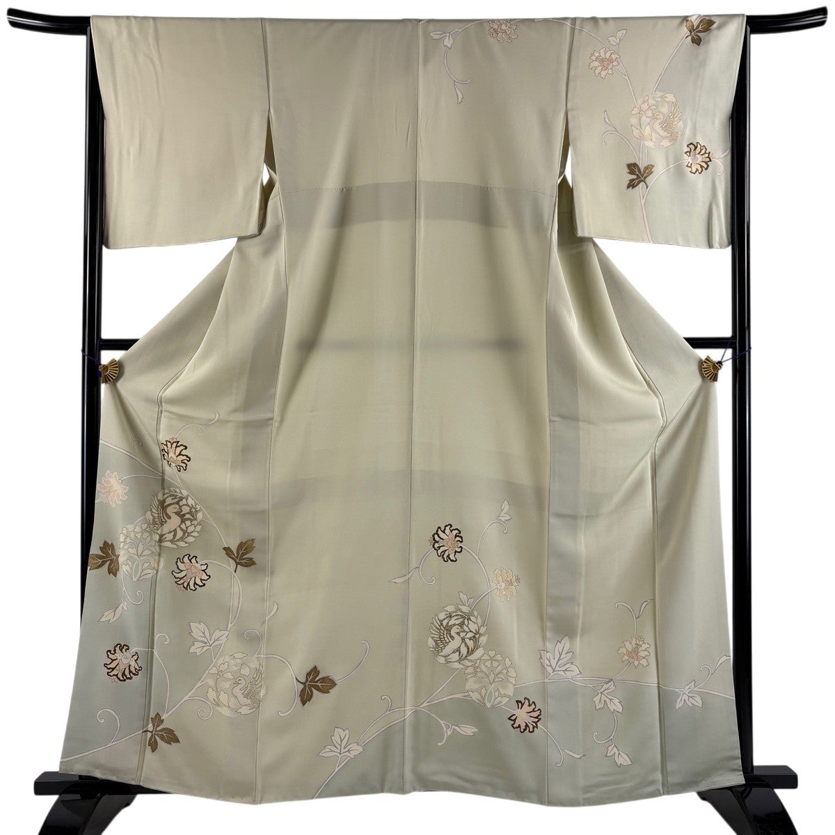 着用少ない！美品＊単衣＊アートモダン＊鳥柄＊訪問着＊１６２ｃｍ＊裄６６ 訪問着 身丈162cm 裄丈66cm M 袷 花唐草 鳥 金彩 灰緑 正絹 秀品｜中古
