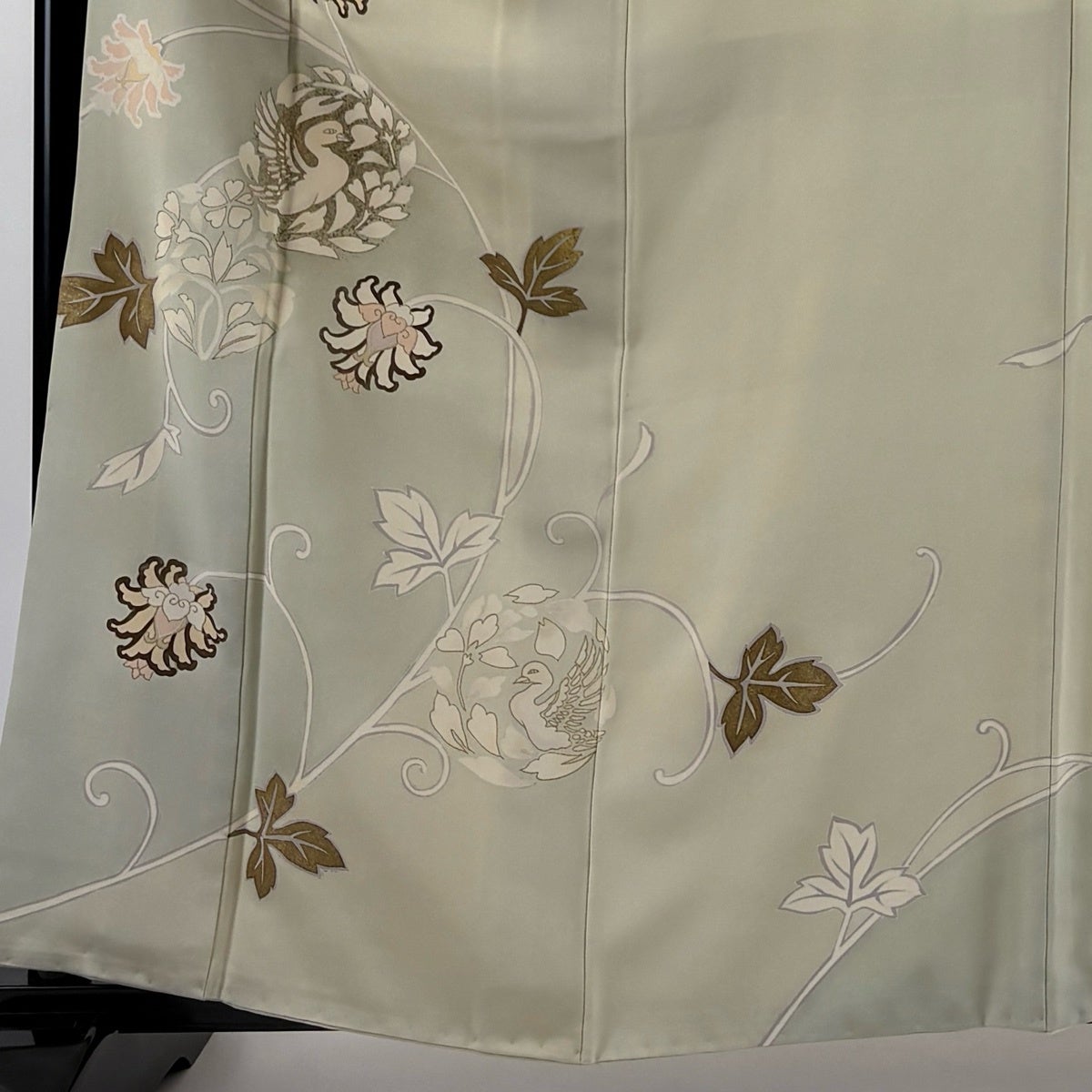訪問着 身丈162cm 裄丈66cm M 袷 花唐草 鳥 金彩 灰緑 正絹 秀品｜中古